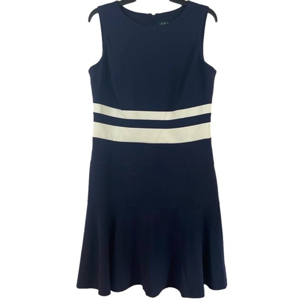 LAUREN Ralph Lauren Navy Dress with Cream Stripes Flare Bottom Shift Size 10